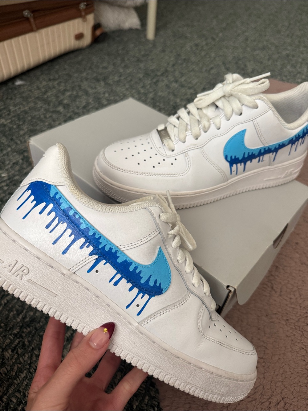 Nike White Sneakers with Blue Drip Swoosh - Custom
